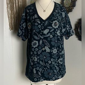 Up cycled Fresh Produce v neck short sleeve grey floral print t-shirt buttons